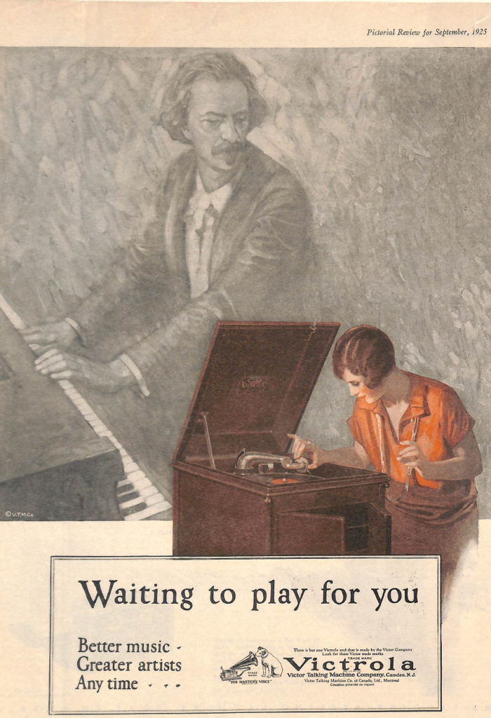 Victorola gramophone. “Waiting to play for you” Victor Talking Machine Company. Advertisement 1925
