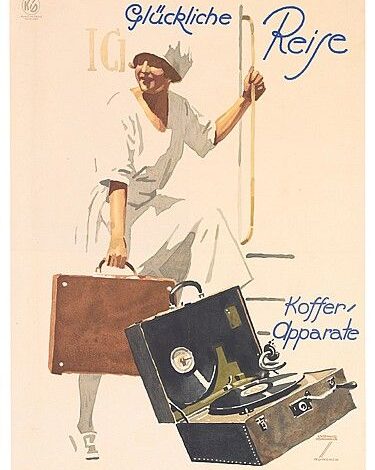 Ludwig Hohlwein, poster artwork for a Grammophone shop, 1925. Featuring portable record players: Glückliche Reise! Munich, Germany Munich, 1925