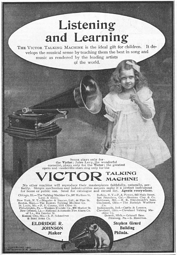 Victor gramophone. Listening and Learning Victor Talking Machine Company. Advertisement 1901